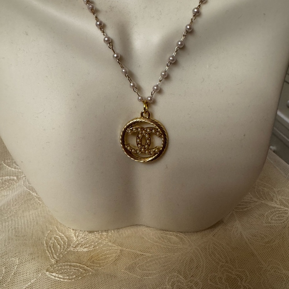 Chanel zipper pull necklace. Gold Pendant Necklace with Pearl Accents